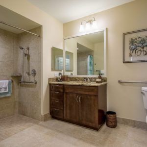 A well-lit, accessible bathroom featuring a large mirror, sink, and shower area with grab bars.