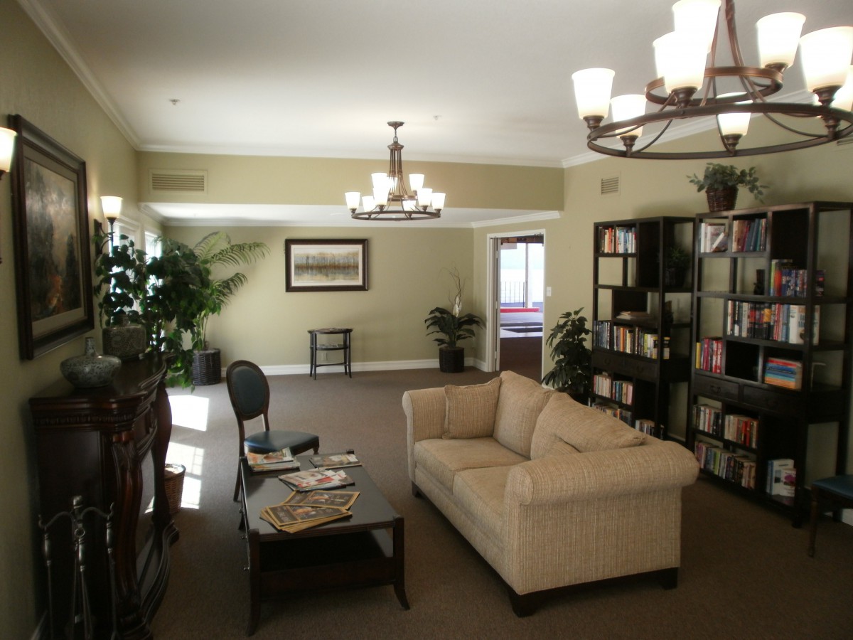 A cozy living room with a sofa, bookshelf, and chandelier.