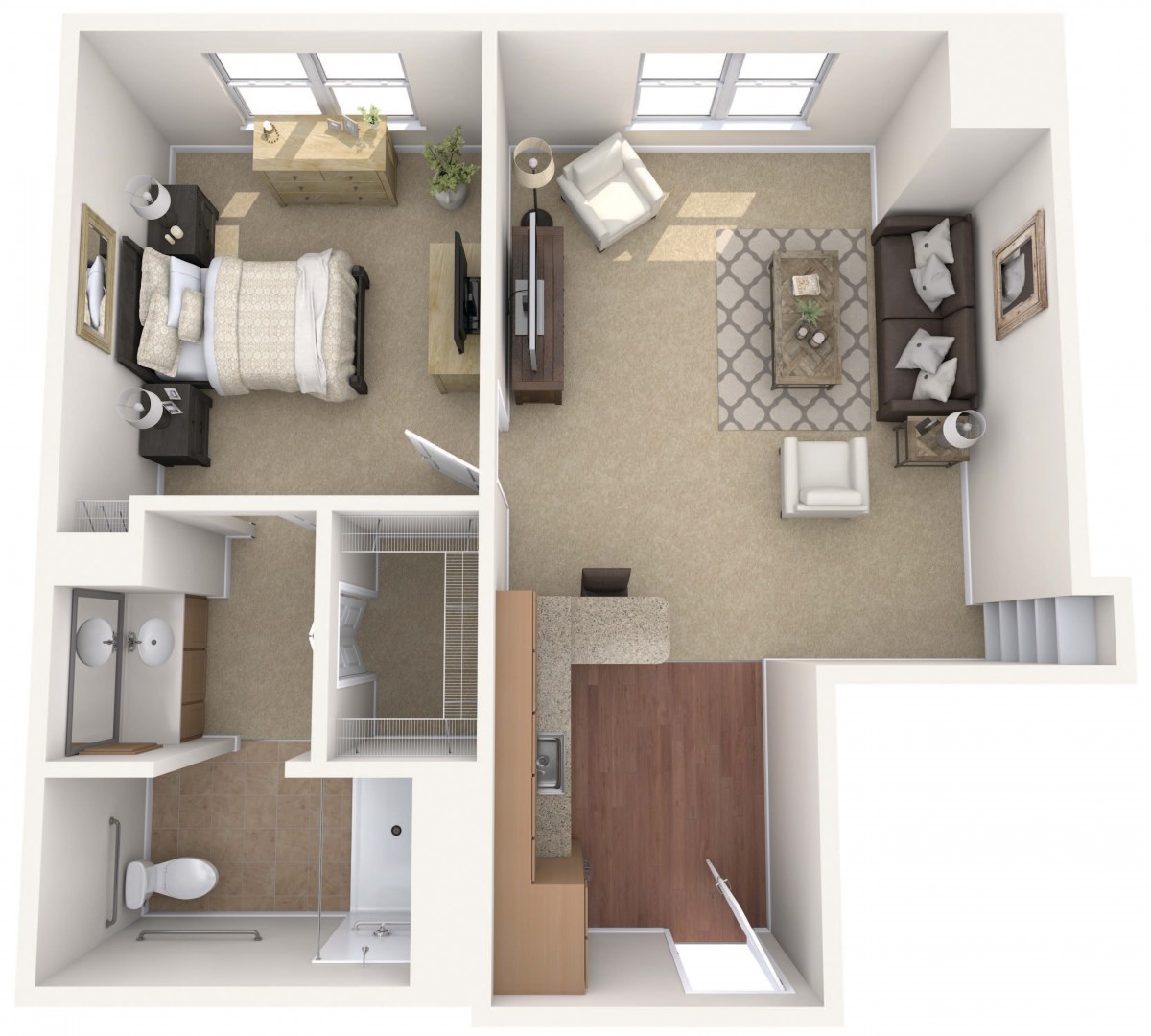 A top-down view of a one-bedroom apartment layout, featuring a living room, kitchen, bathroom, and bedroom.