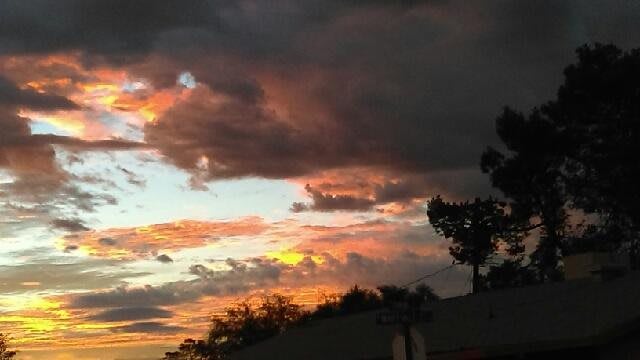 A vibrant sunset with dramatic clouds and silhouetted trees.