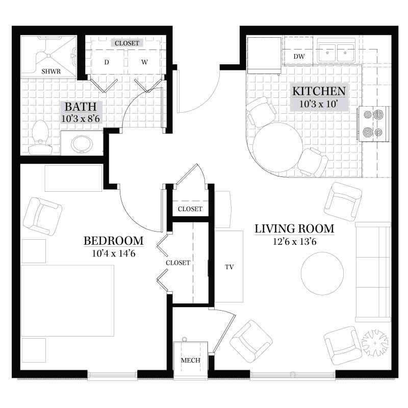 A floor plan of a one-bedroom apartment featuring a living room, kitchen, and bathroom.