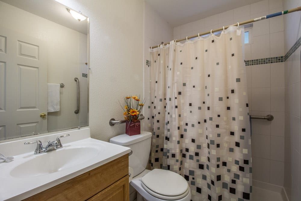 A clean bathroom featuring a sink, toilet, and a shower with a patterned curtain.