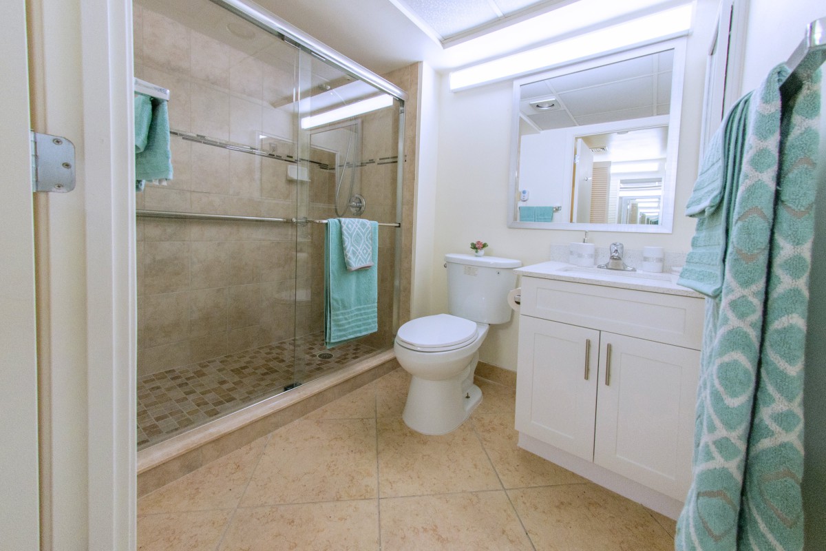 A modern bathroom with a glass-enclosed shower, toilet, and vanity with a mirror.