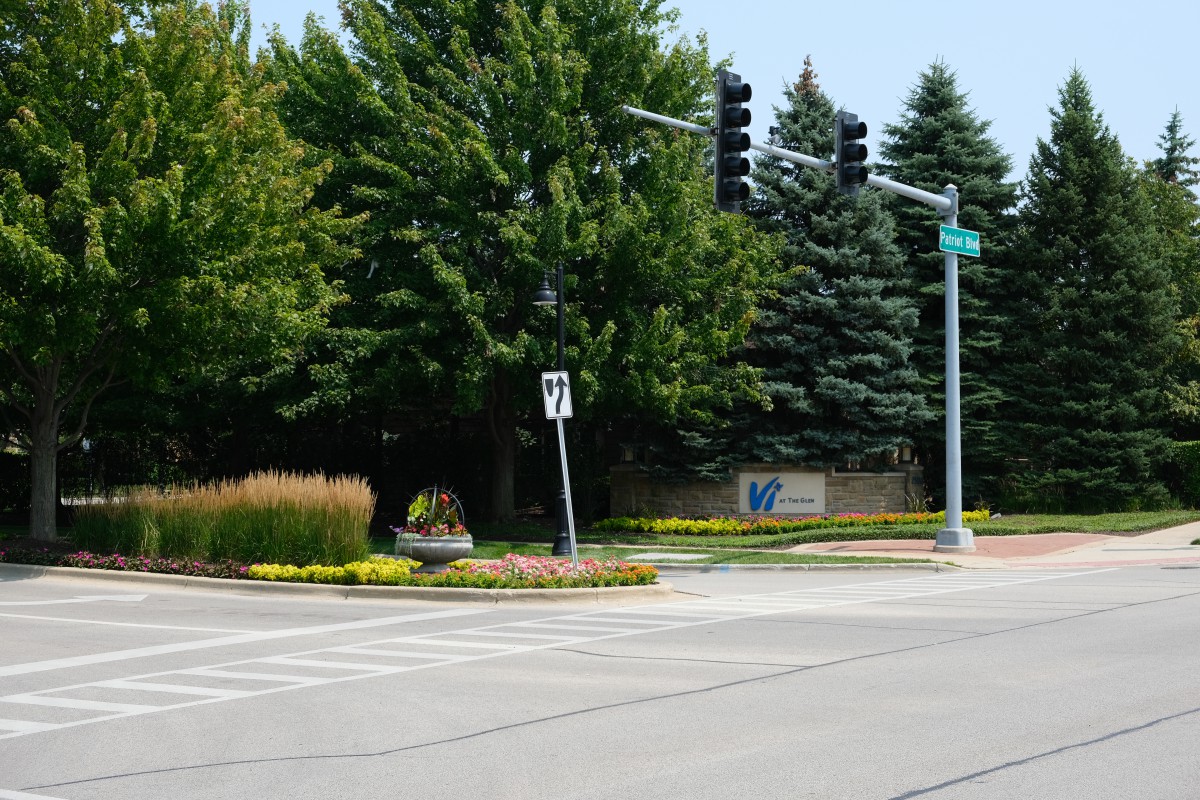 A summer view of a tree-lined intersection with traffic lights and well-maintained landscaping.