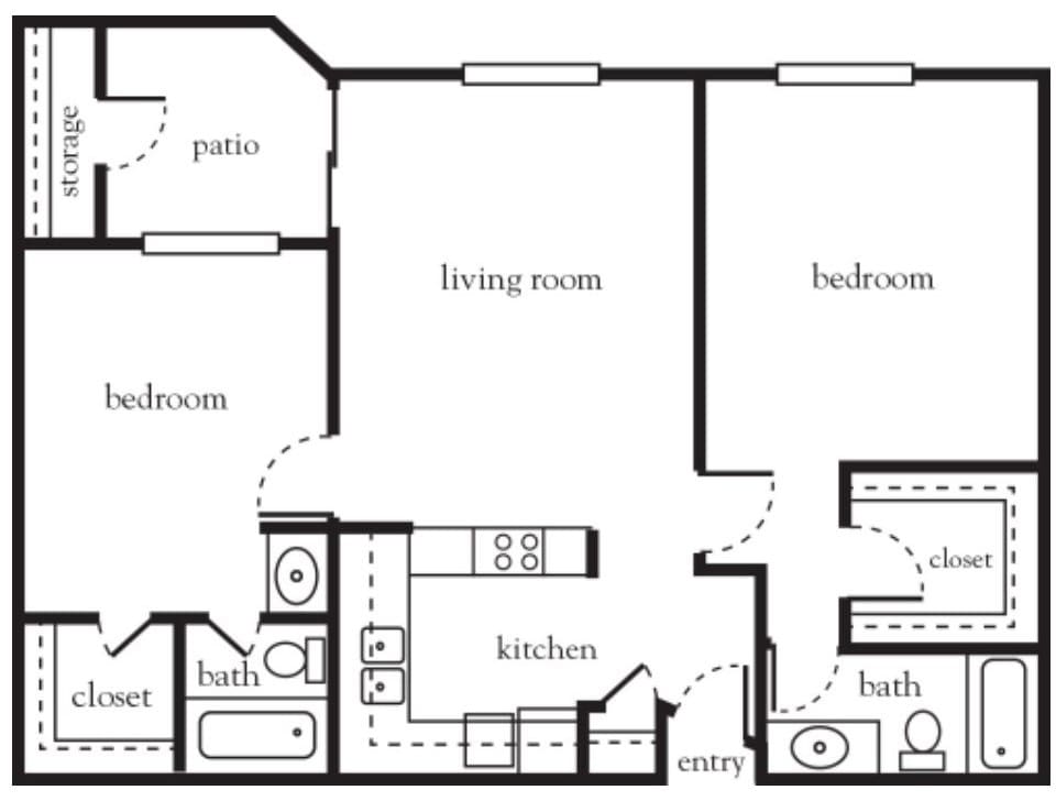 A floor plan of a two-bedroom apartment with a living room, kitchen, two bathrooms, and a patio.