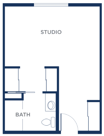 Floor plan of a studio apartment with designated bath area.