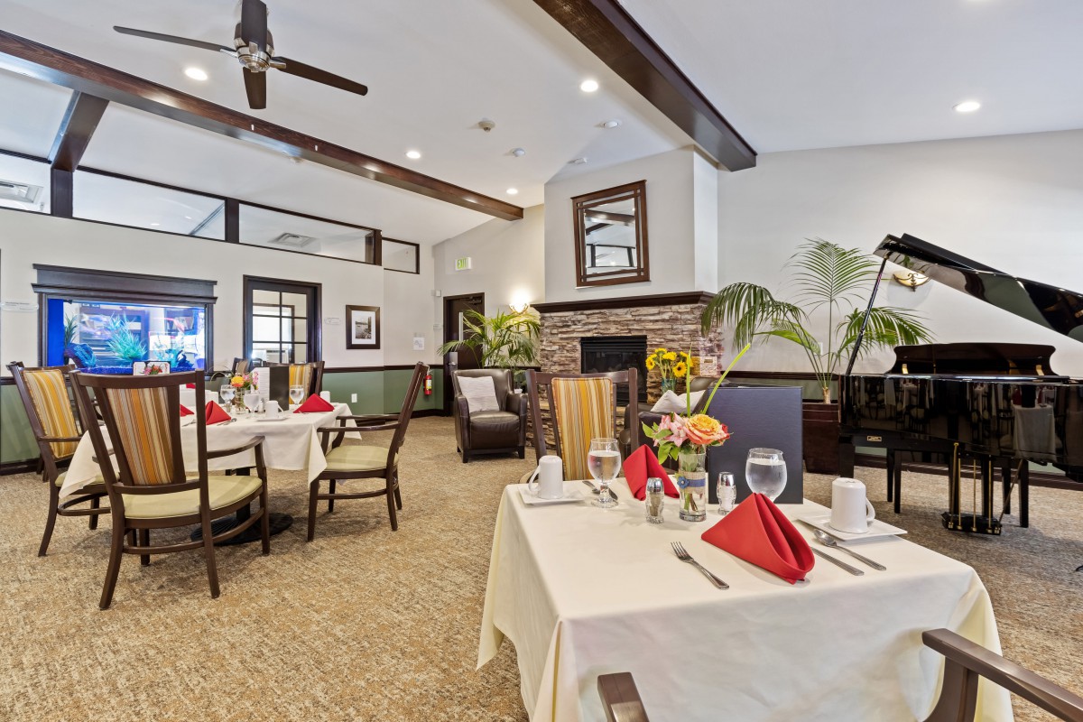 A well-designed dining area with neatly arranged tables and chairs, featuring elegant decor and ambient lighting.