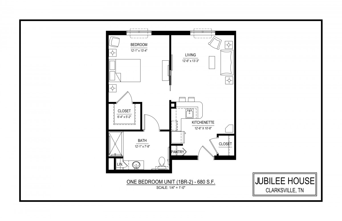 One-bedroom apartment floor plan layout.