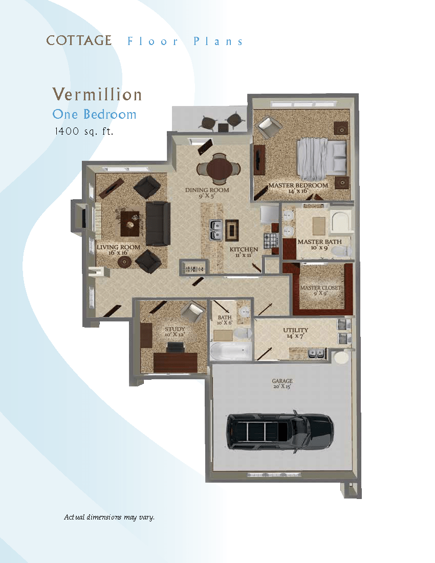 Floor plan of a Vermillion Oak Rancher residence, featuring rooms and garage layout.
