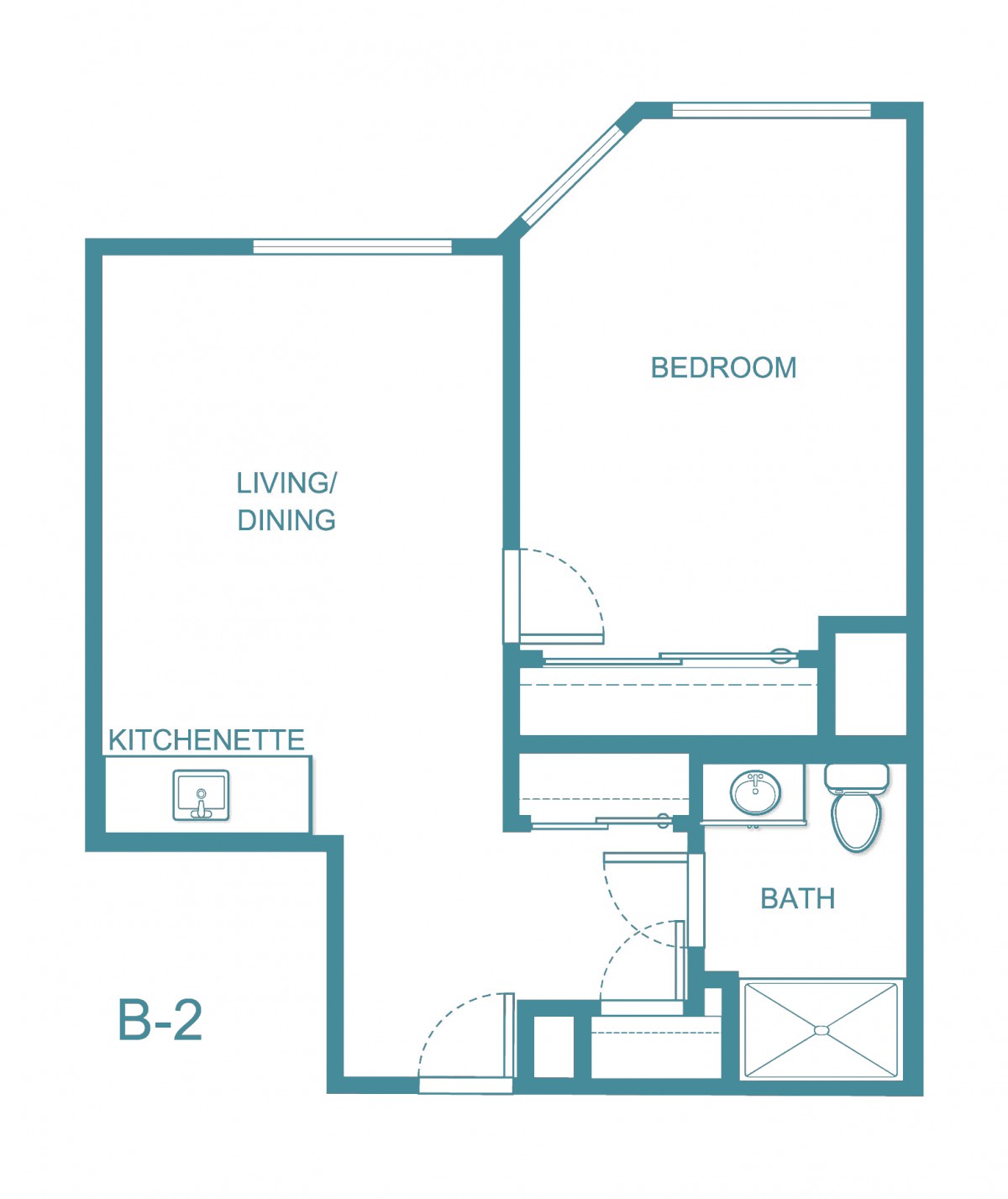 A floor plan of a one-bedroom apartment, labeled B-2, featuring a living/dining area, kitchen, bedroom, and bathroom.