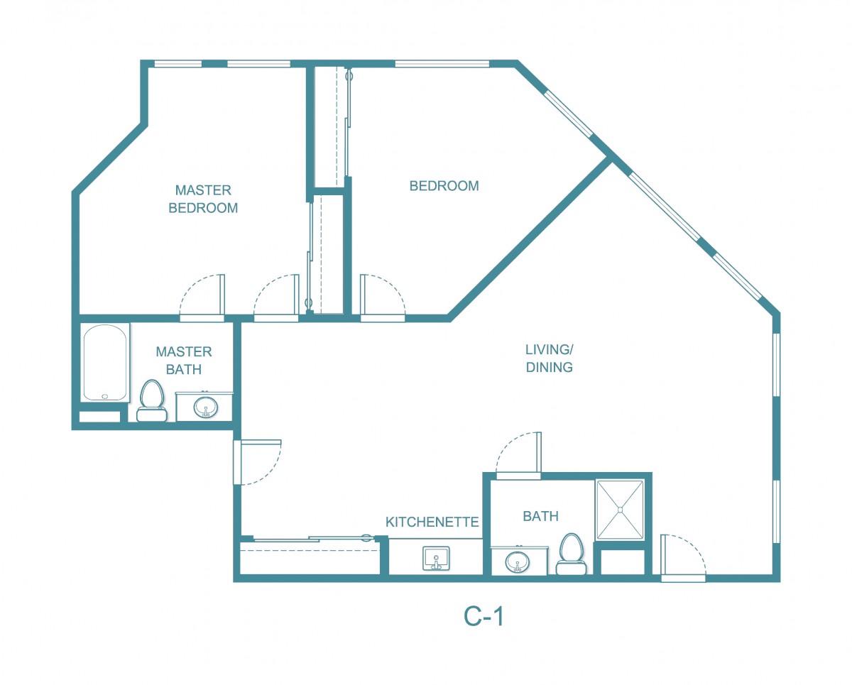 A blueprint of an apartment layout showing various rooms and spaces.