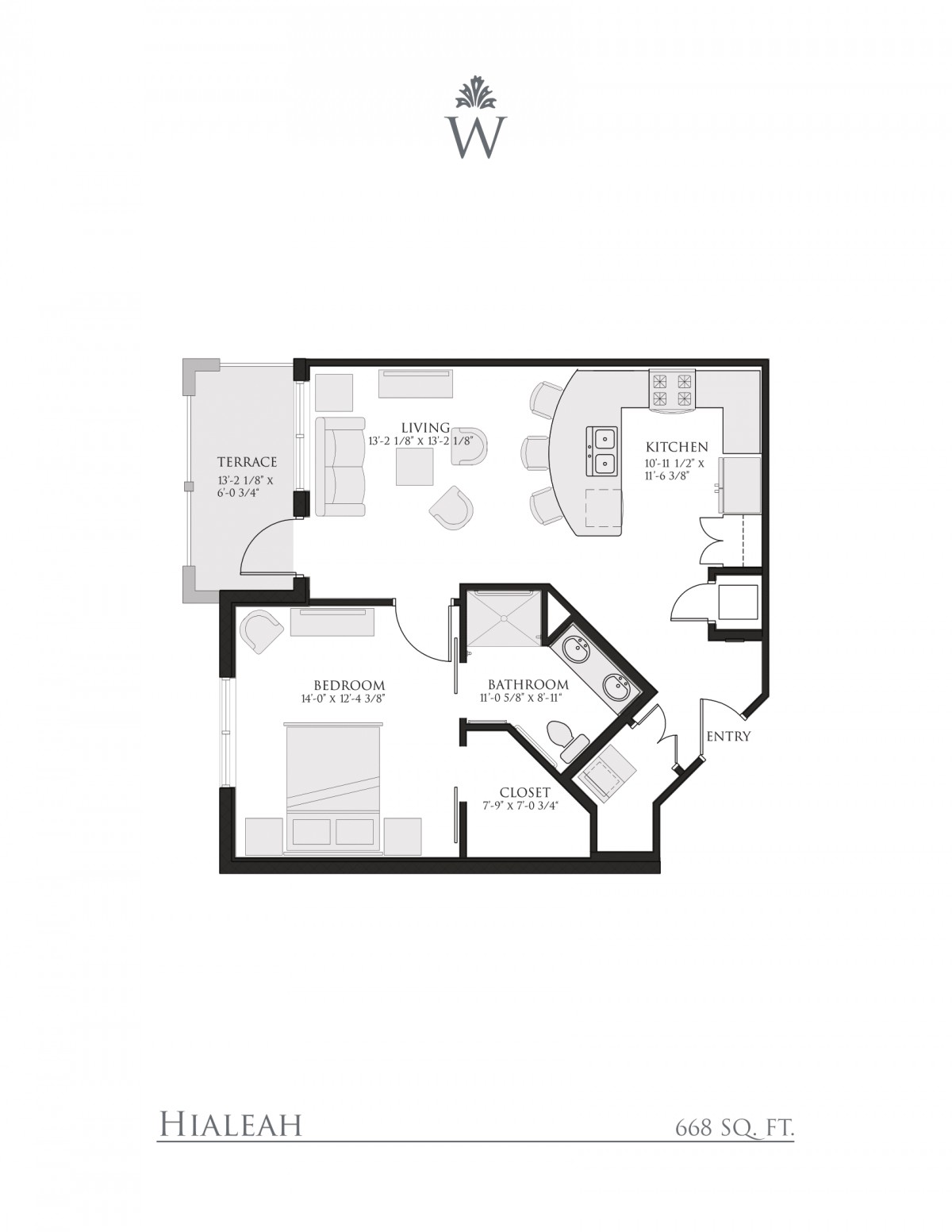 A floor plan of a one-bedroom apartment, showcasing the arrangement of the living room, kitchen, bathroom, and bedroom areas.