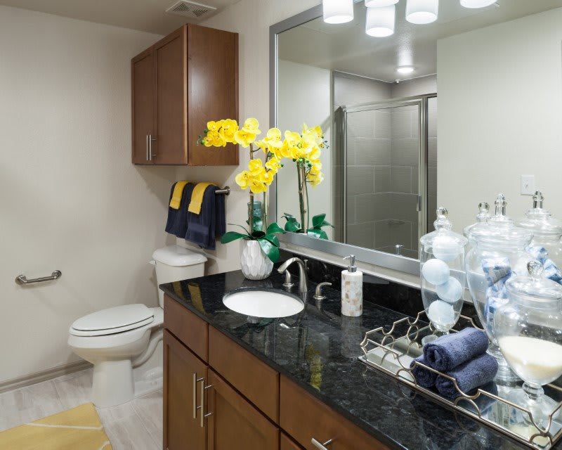 A modern bathroom with a sleek countertop, mirror, and decorative flowers.