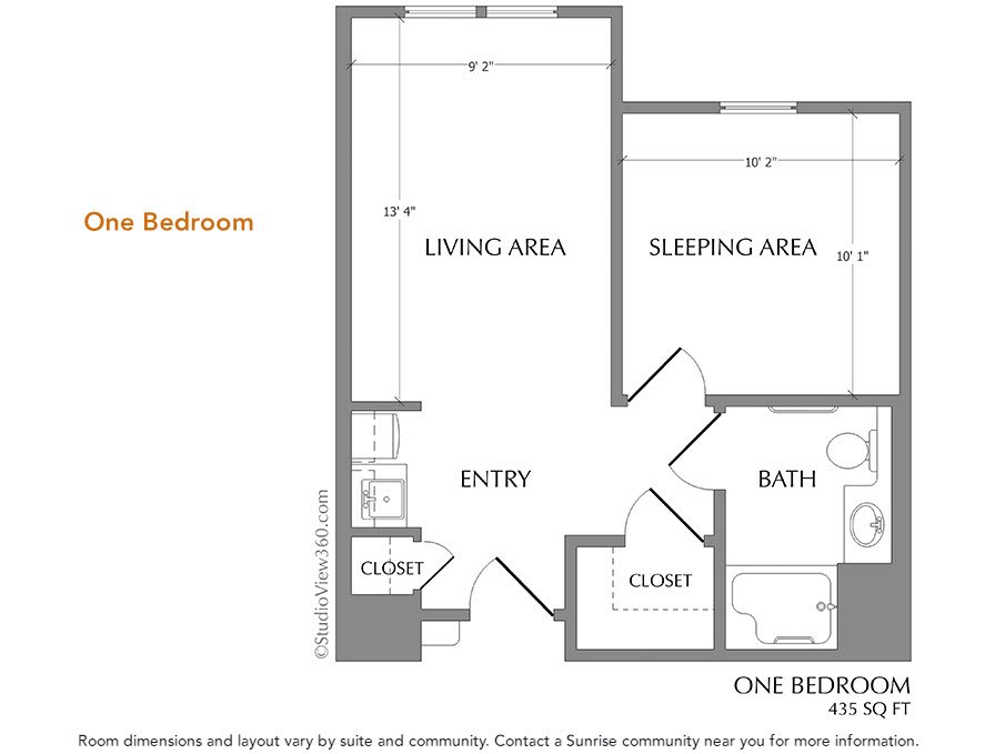One-bedroom apartment floor plan with living area, sleeping area, bath, and closets.