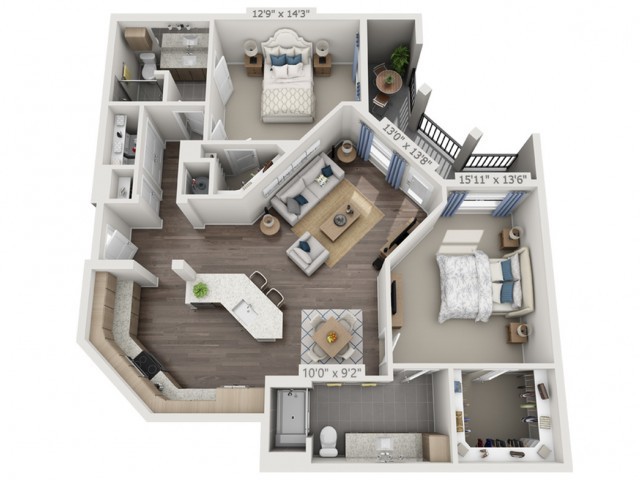 3D floor plan of a modern two-bedroom apartment layout.