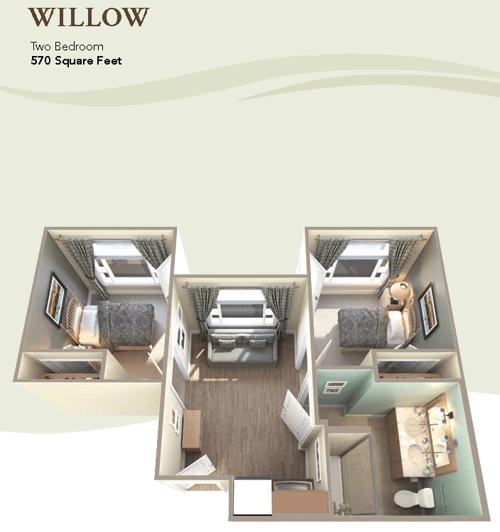 3D floor plan of a two-bedroom apartment with a compact, efficient layout.