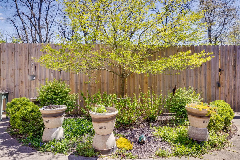 A peaceful garden scene featuring three large planters and a vibrant tree against a wooden fence.