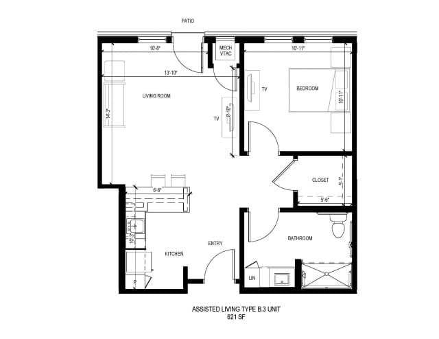 A detailed floor plan of an apartment with designated areas for living room, bedroom, kitchen, and bathroom.