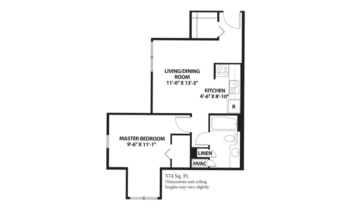 A floor plan showing a one-bedroom apartment layout with dimensions for the living/dining room, master bedroom, kitchen, and bathroom.