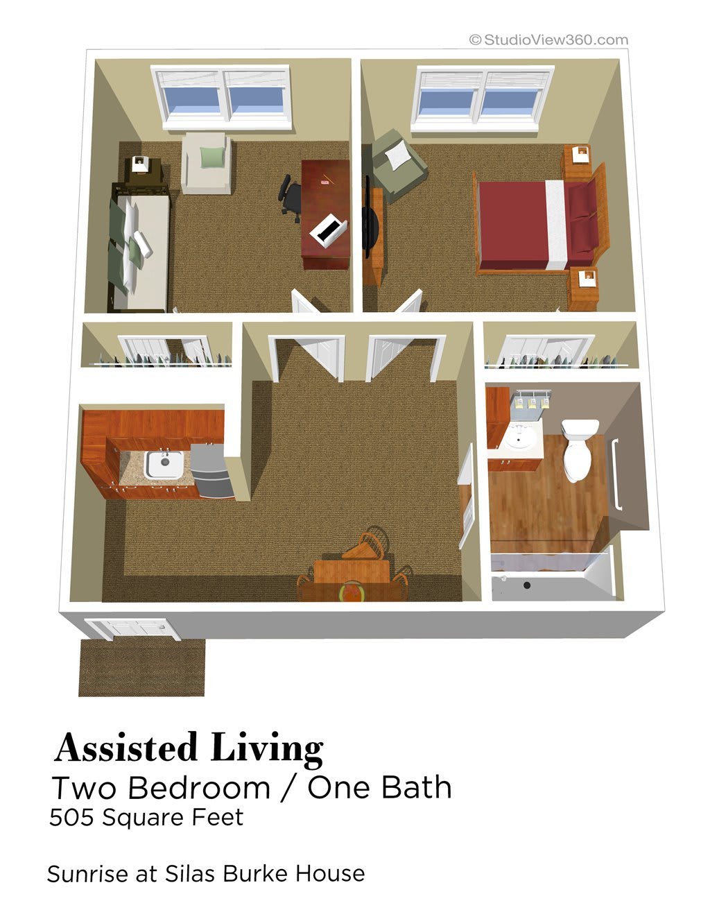 A floor plan of an assisted living two-bedroom, one-bath apartment.