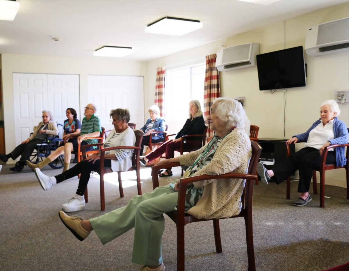 A group of elderly individuals participating in a seated exercise session indoors.