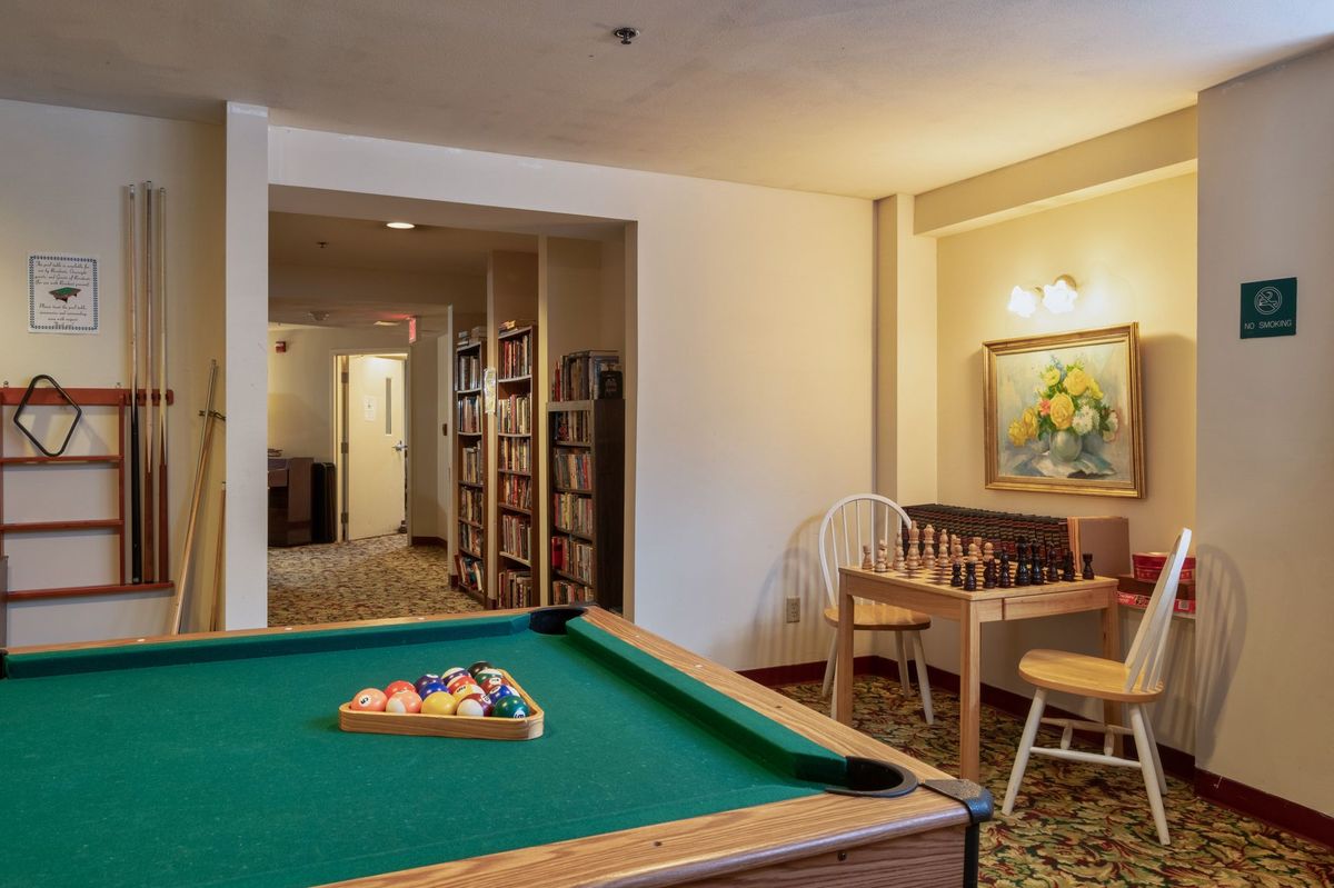 A cozy game room featuring a pool table and a chess setup with bookshelves in the background.