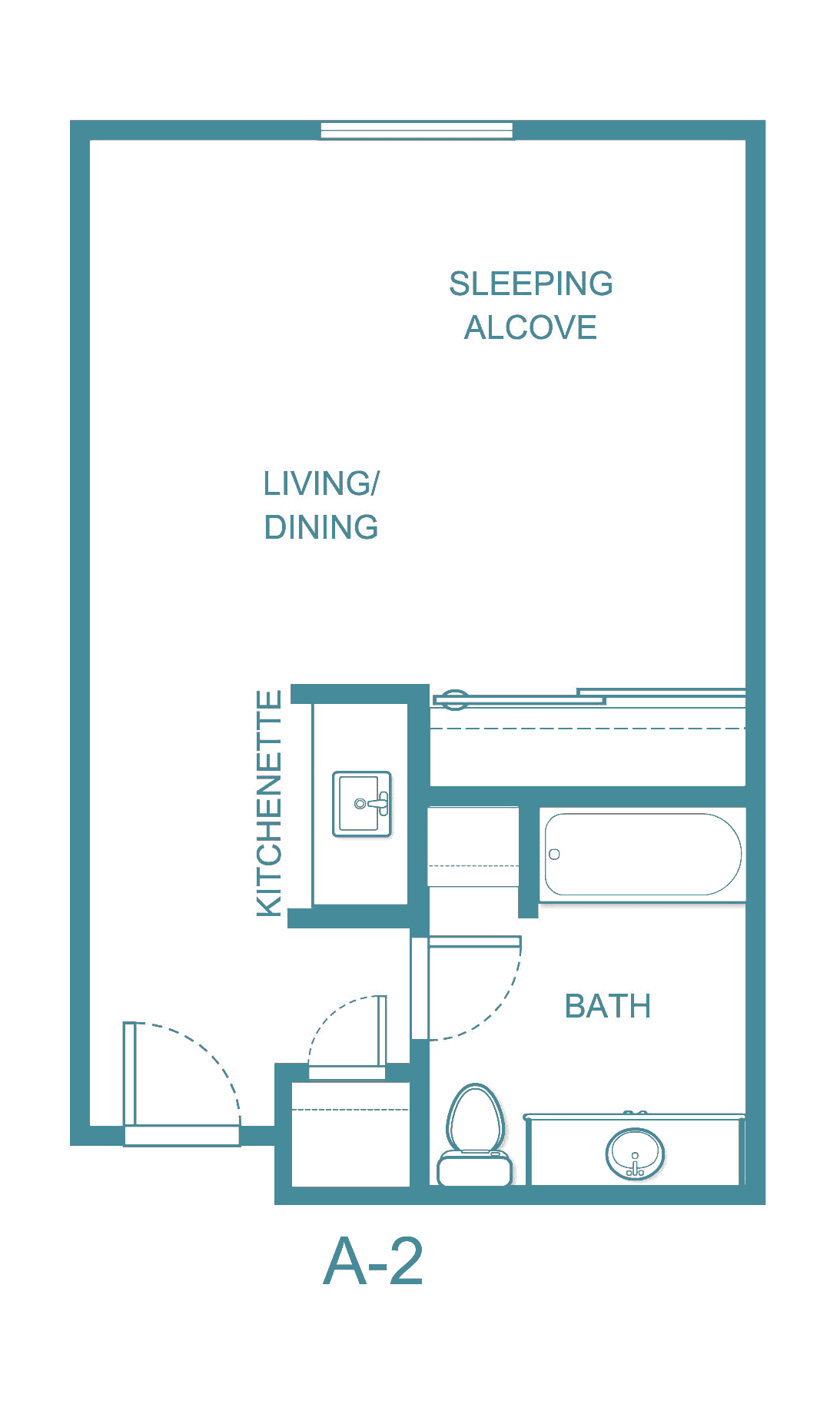 Studio apartment floor plan with a sleeping alcove, living/dining area, kitchenette, and bathroom.